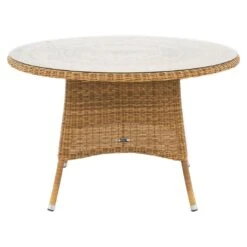 Domus Ventures Maryland Gartentisch Ø120 Cm Geflecht Rund Mit Glasplatte Mixed Beige