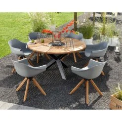 Musterring Stockholm Gartenmöbelset 7tlg. Mit Tisch Ø140cm Teak/Grau