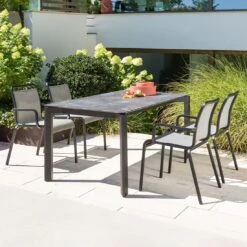 Stern Oskar Gartenmöbel-Set 5-tlg. Tisch 160x90cm Schwarz Matt/Leinen Grau